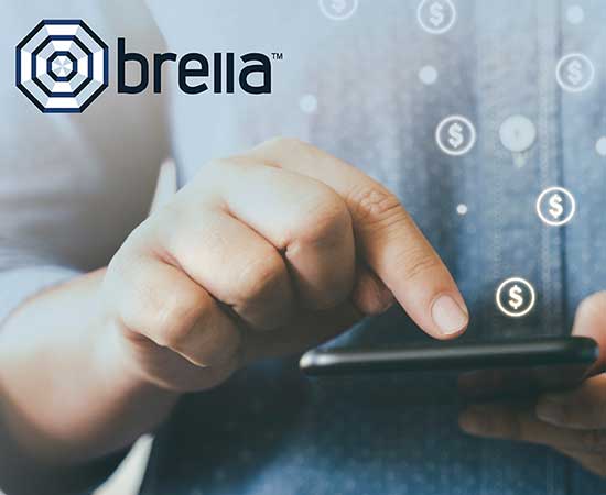 Brella logo with person using phone.